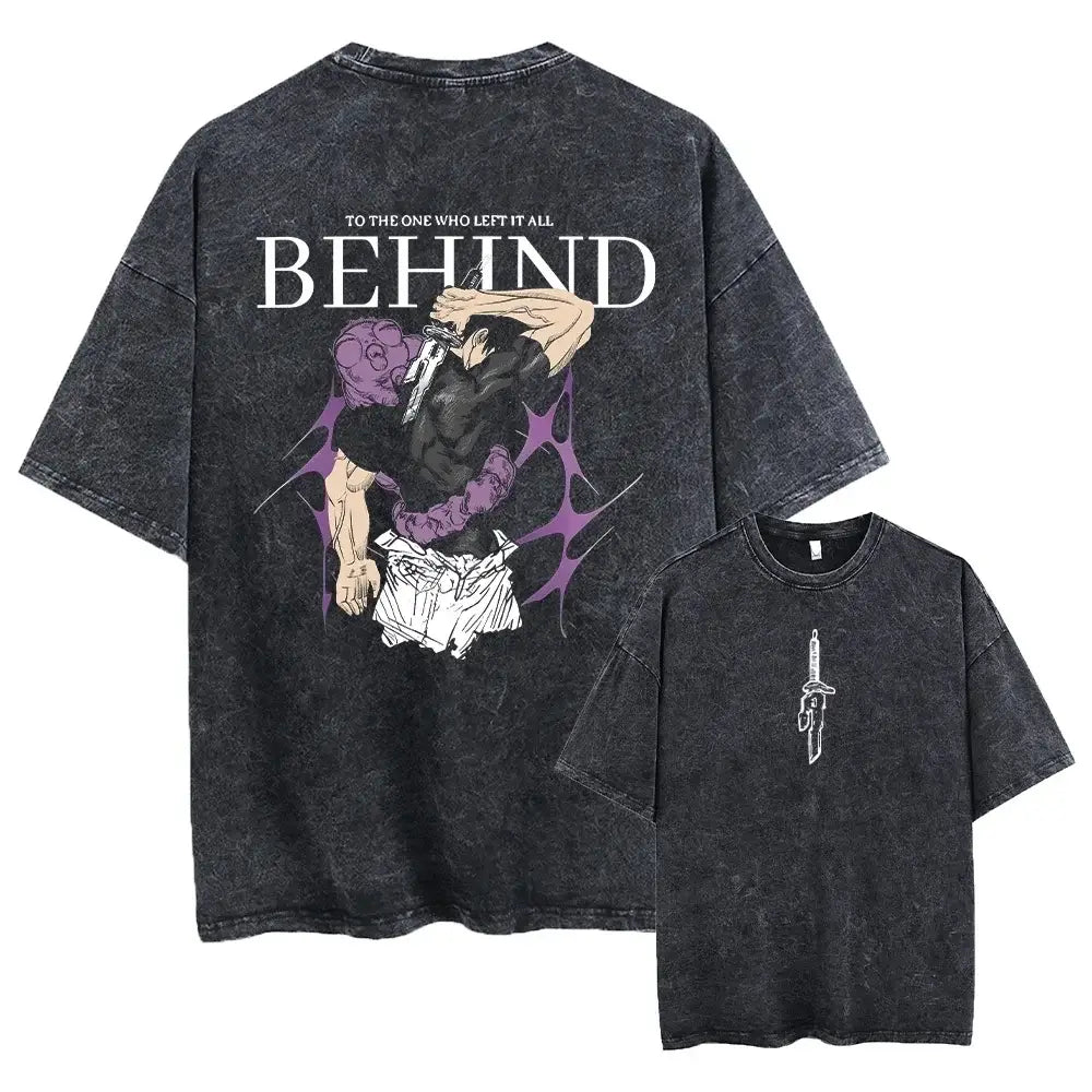 Black distressed washed cotton t-shirt with toji fushiguro graphic on back and dagger design on front from jujutsu kaisen