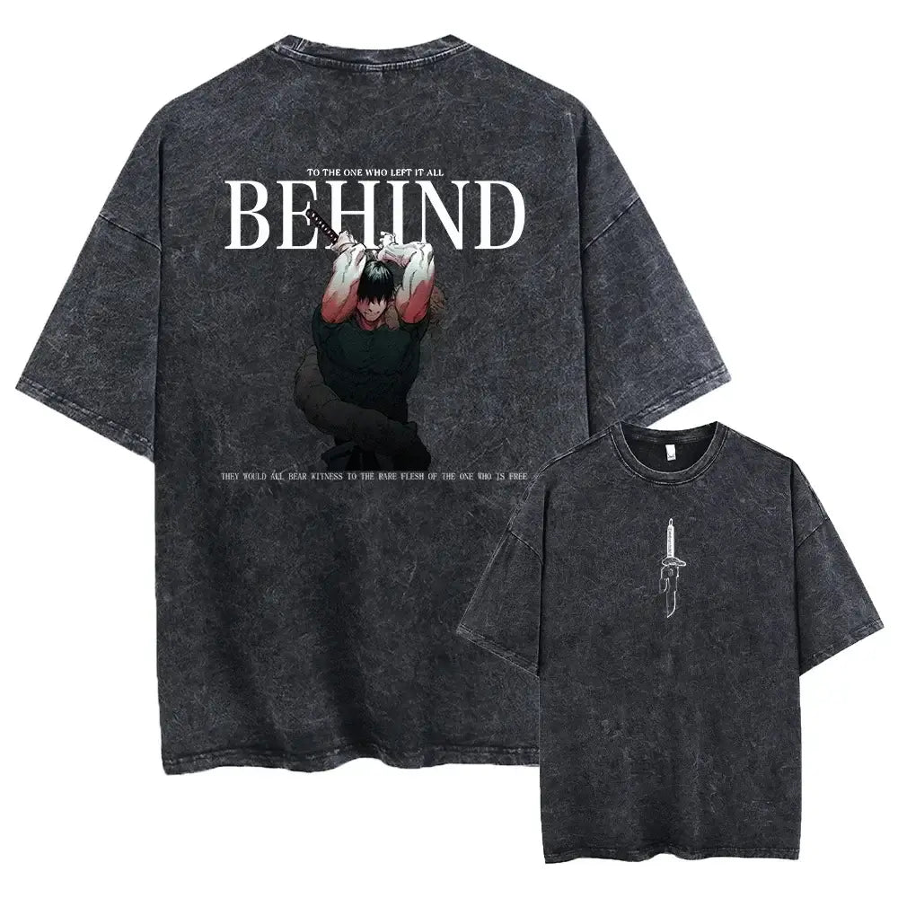 Black distressed jujutsu kaisen toji fushiguro printed tee with sword graphic and behind text made of washed cotton
