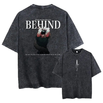Black distressed jujutsu kaisen toji fushiguro printed tee with sword graphic and behind text made of washed cotton
