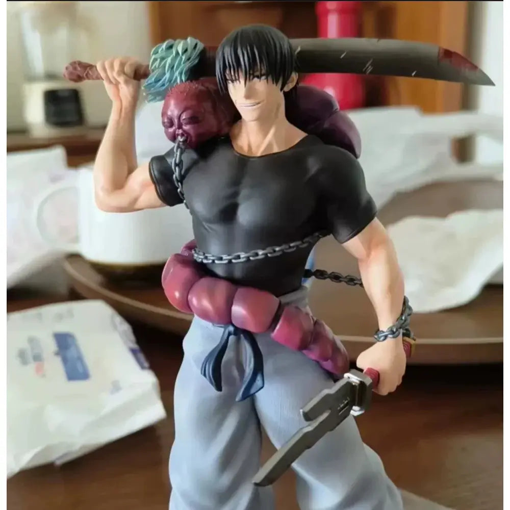 Jujutsu kaisen toji fushiguro pvc statue 21cm muscular black and gray figure with swords wearing black shorts and blue pants