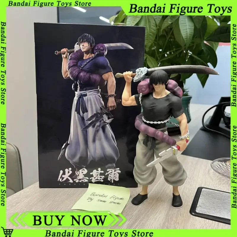 Black and gray jujutsu kaisen toji fushiguro pvc statue 21cm with purple arm wraps holding large sword over shoulder