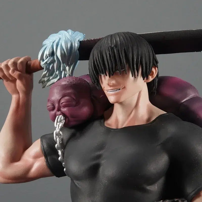 Jujutsu kaisen toji fushiguro pvc statue featuring a muscular black-haired figure with large sword and purple-faced charm