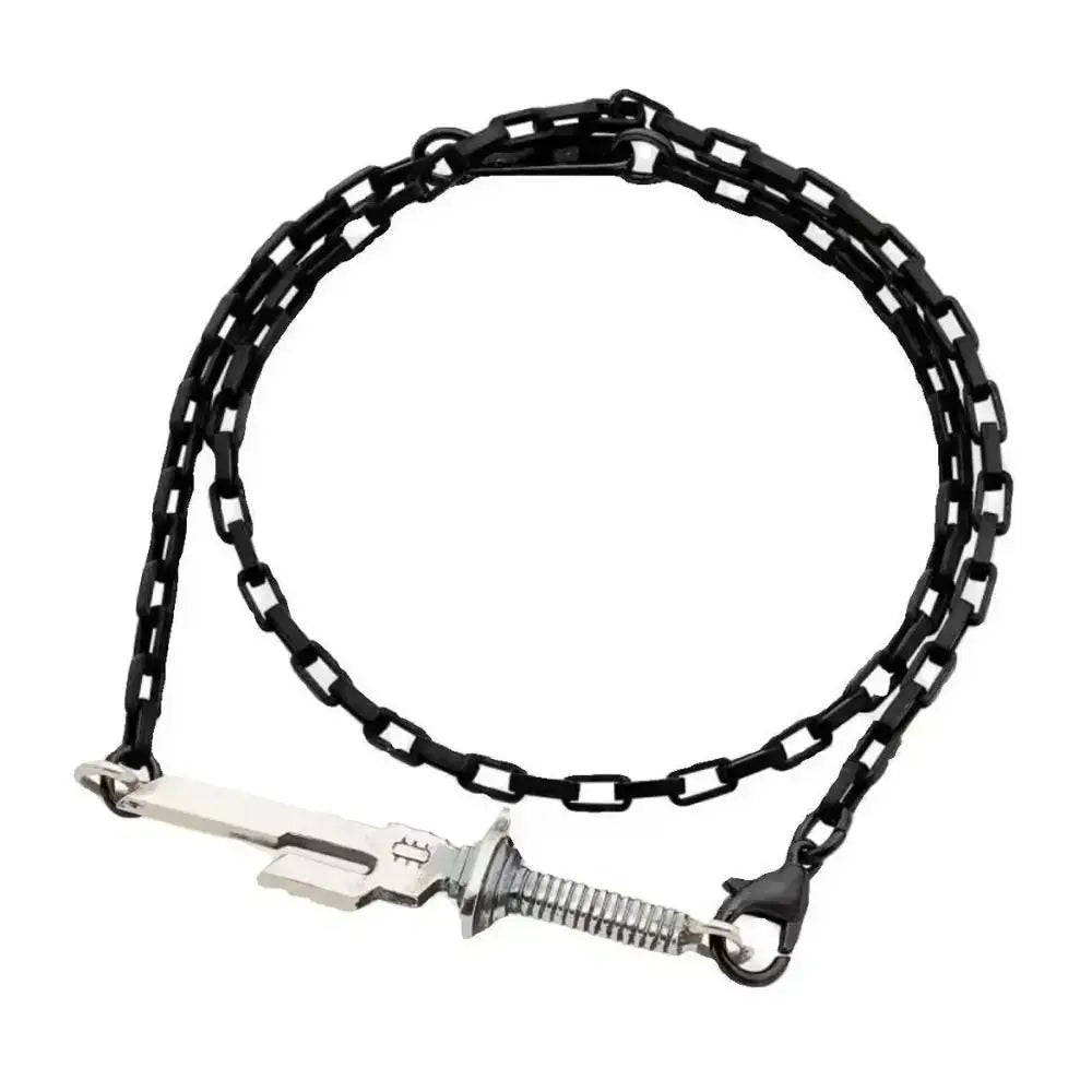 Black chain necklace with silver-toned dagger pendant engraved with emblem jujutsu kaisen toji fushiguro choker