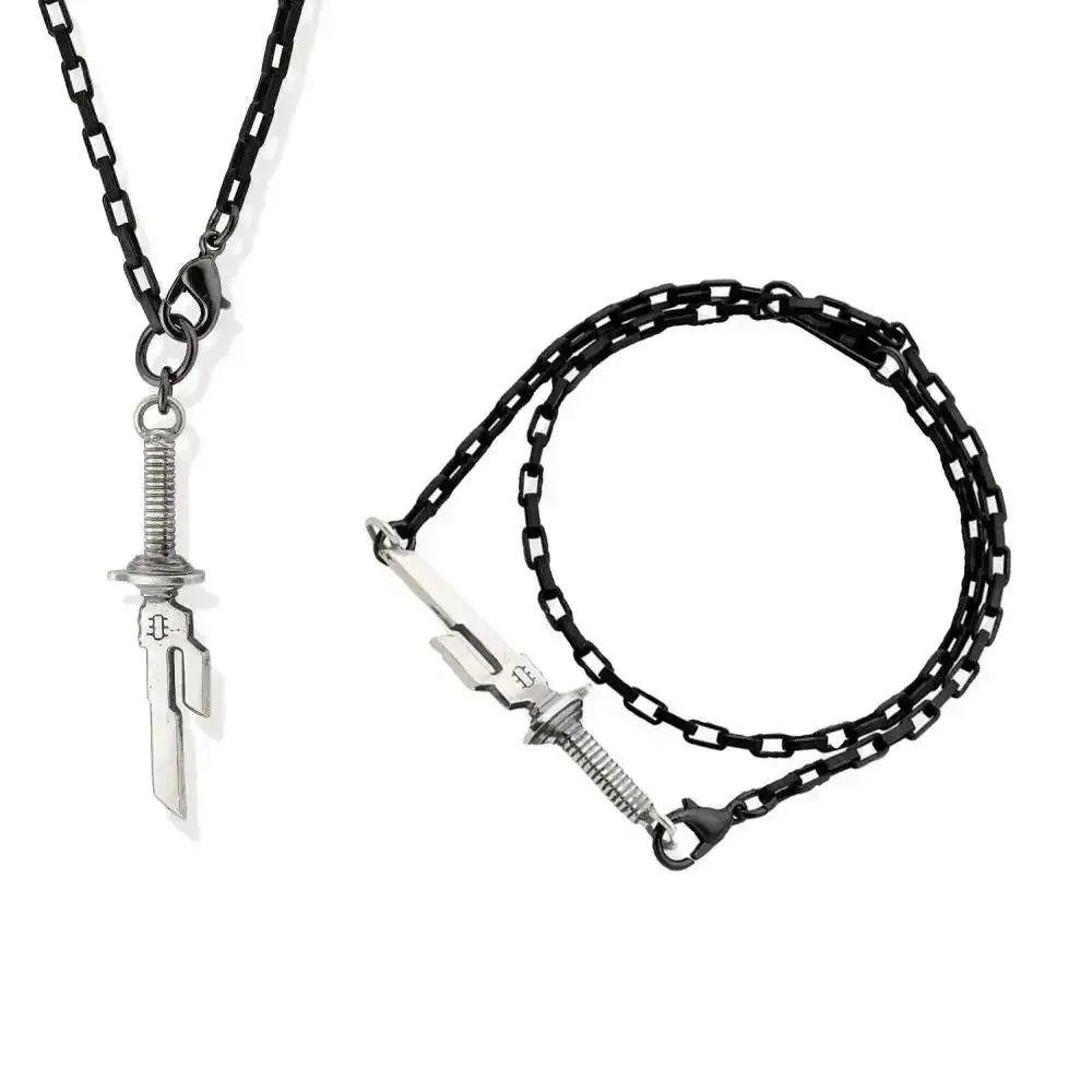 Silver sword-shaped pendant necklace with black chain inspired by jujutsu kaisen toji fushiguro choker accessory