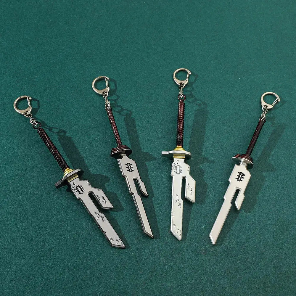 Four silver metallic jujutsu kaisen toji inverted spear keychains with brown braided handles and engraved designs
