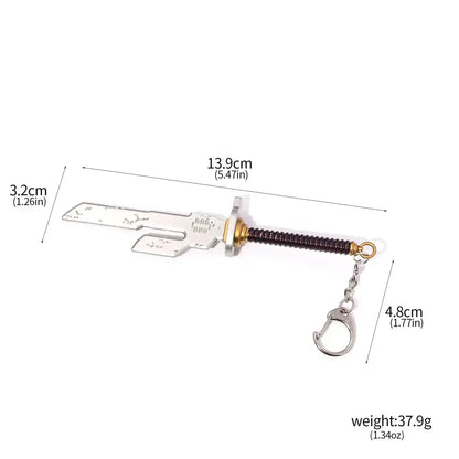 Silver metal jujutsu kaisen toji inverted spear keychain with engraved blade and gold-toned hilt pendant