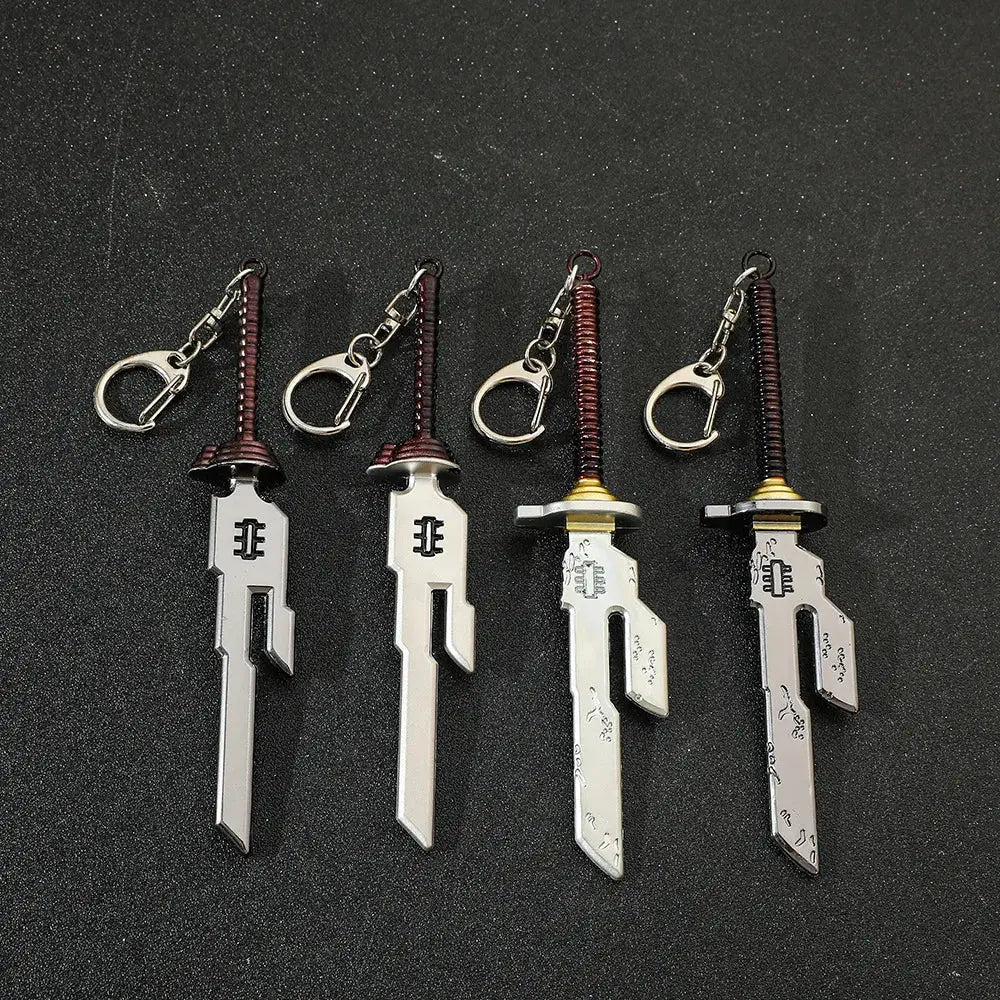 Silver jujutsu kaisen toji inverted spear keychain with black and gold hilts featuring engraved designs