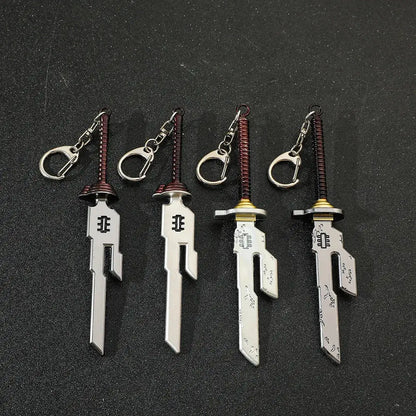 Silver jujutsu kaisen toji inverted spear keychain with black and gold hilts featuring engraved designs