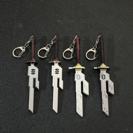 Silver jujutsu kaisen toji inverted spear keychain with black and gold hilts featuring engraved designs