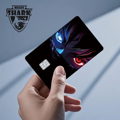 Jujutsu kaisen yuji gojo card skin featuring laser holographic black magic shark credit card with glowing blue and red eyes