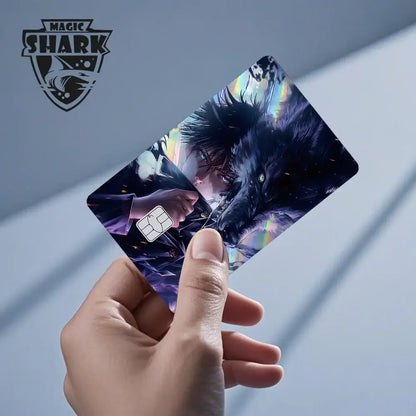 A laser holographic jujutsu kaisen card skin featuring a glossy anime-style illustration of yuji and a black wolf