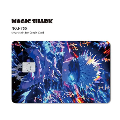 Jujutsu Kaisen yuji gojo laser holographic card skin with vibrant blue and purple anime hands reaching through energy