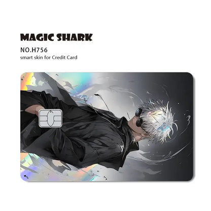 Black credit card smart skin featuring a laser holographic jujutsu kaisen gojo design with white hair and sunglasses by magic shark