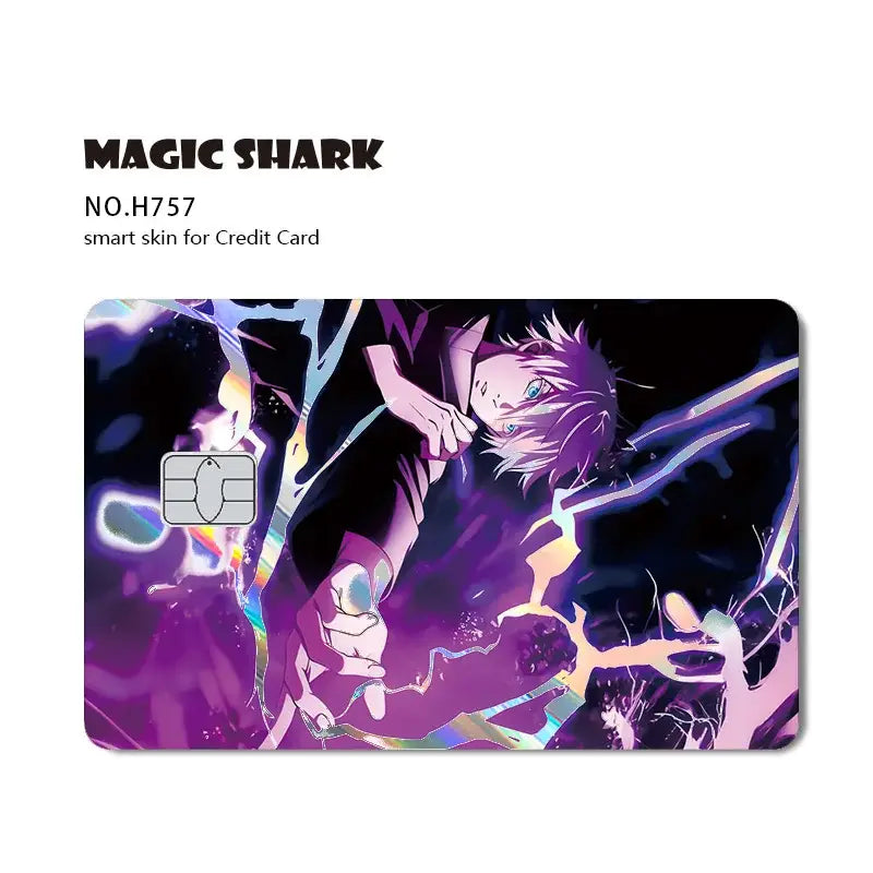 Purple and black jujutsu kaisen yuji gojo card skin with laser holographic electric effects and spiky hair character design