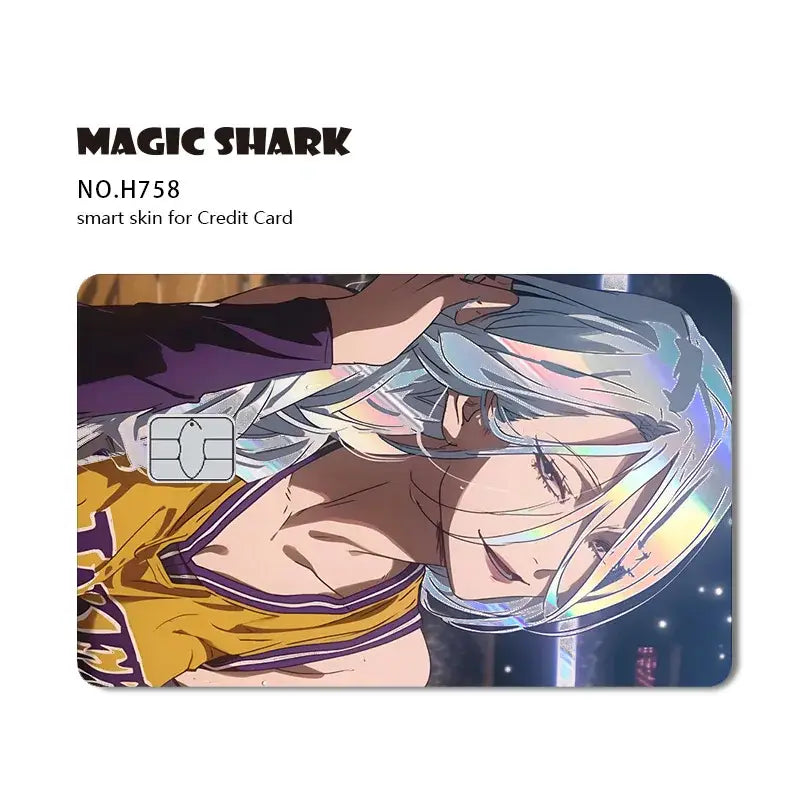 Magic shark no h758 jujutsu kaisen laser holographic card skin featuring anime character with silver hair and yellow jersey