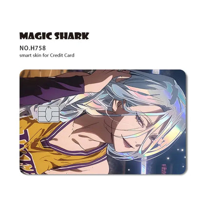 Magic shark no h758 jujutsu kaisen laser holographic card skin featuring anime character with silver hair and yellow jersey