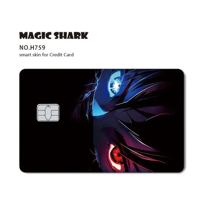 Jujutsu kaisen yuji gojo card skin featuring laser holographic black magic shark smart skin with glowing blue and red anime eye