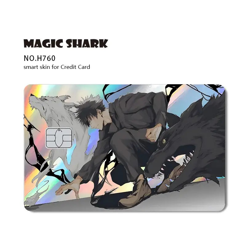 Magic shark no.h760 jujutsu kaisen laser holographic card skin featuring anime character with wolves on iridescent background
