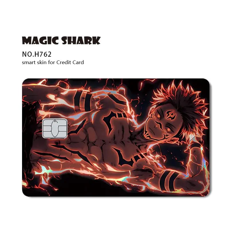 A vibrant red and black jujutsu kaisen card skin featuring yuji gojo with laser holographic energy effects