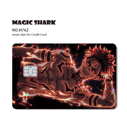 A vibrant red and black jujutsu kaisen card skin featuring yuji gojo with laser holographic energy effects