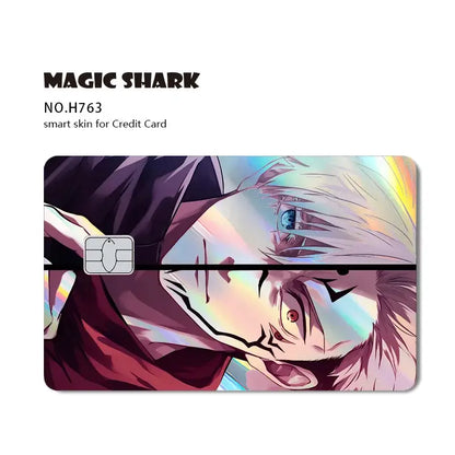 A vibrant jujutsu kaisen yuji gojo card skin with laser holographic iridescent design featuring white hair anime character