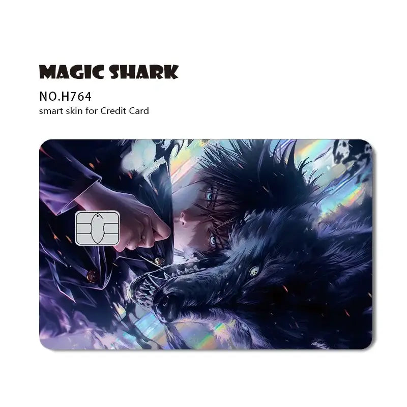 A laser holographic jujutsu kaisen card skin featuring a vibrant anime-style person with spiky hair and black wolf design