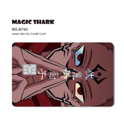 Jujutsu kaisen yuji gojo card skin featuring anime character with intense red eyes in laser holographic finish