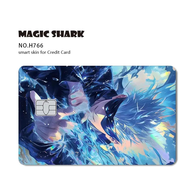 Jujutsu kaisen yuji gojo card skin with blue and purple laser holographic anime design featuring flowing hair and water effects