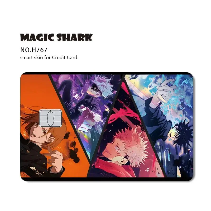 Jujutsu kaisen yuji gojo card skin with vibrant laser holographic anime art in bold orange purple and blue hues and glossy finish