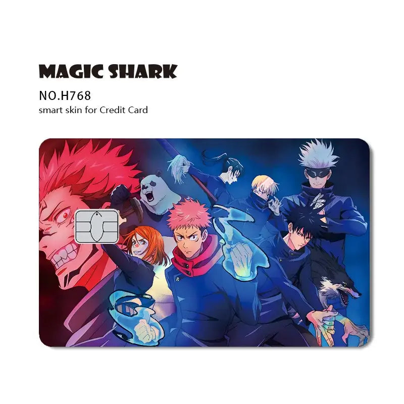 Jujutsu kaisen yuji gojo card skin featuring laser holographic smart skin with vibrant anime illustration on dark blue background