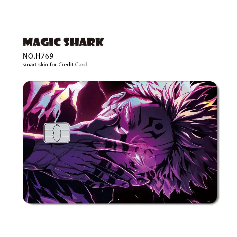 Jujutsu kaisen yuji gojo card skin with laser holographic purple and black anime design featuring pink hair highlights