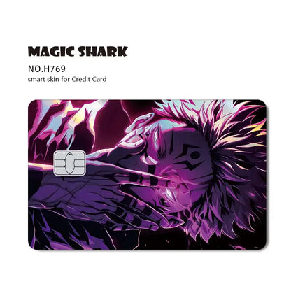 Jujutsu kaisen yuji gojo card skin with laser holographic purple and black anime design featuring pink hair highlights