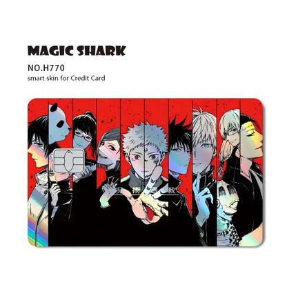 A vibrant red jujutsu kaisen card skin with laser holographic iridescent accents and anime character silhouettes