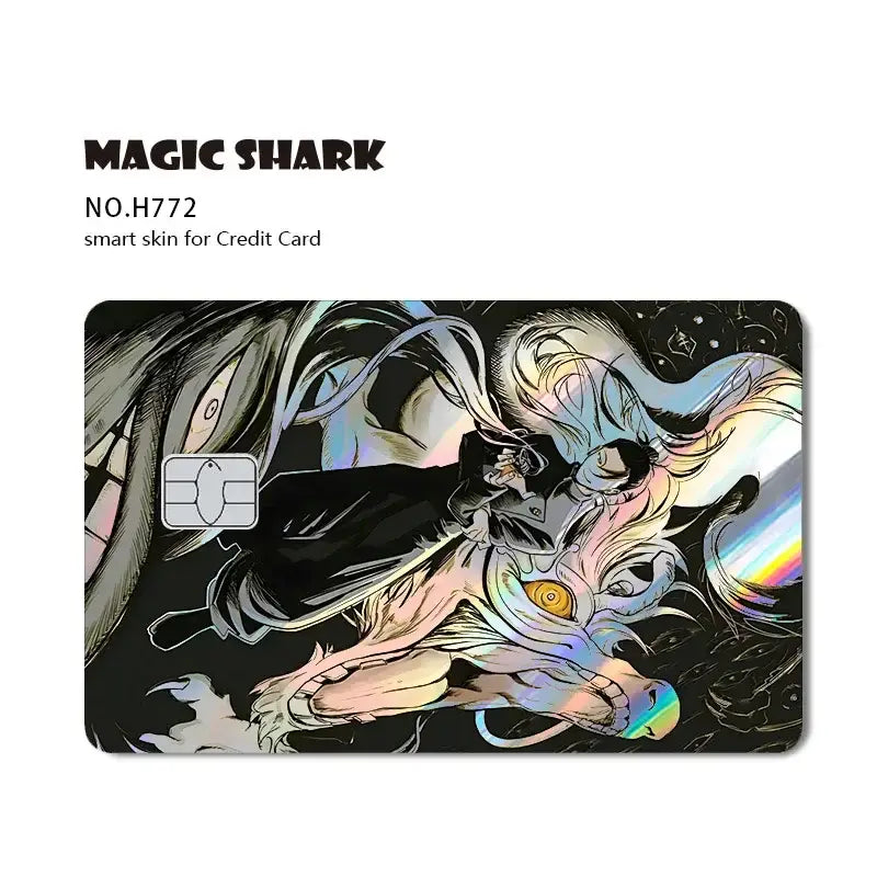 A vibrant laser holographic jujutsu kaisen card skin featuring an anime character with flowing hair and a dragon