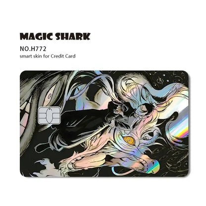 A vibrant laser holographic jujutsu kaisen card skin featuring an anime character with flowing hair and a dragon