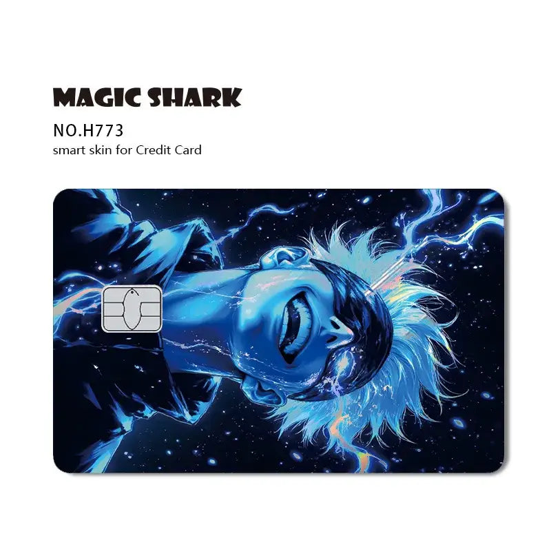 Blue laser holographic jujutsu kaisen card skin featuring yuji gojo with electric blue hair and lightning effects