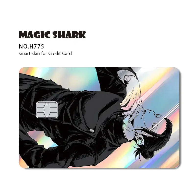 Black illustrated jujutsu kaisen card skin featuring yuji gojo in a dynamic pose with laser holographic rainbow gradient