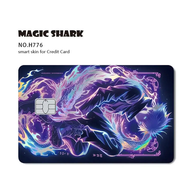 Jujutsu Kaisen Yuji Gojo card skin with vibrant neon purple and blue laser holographic anime art and glowing energy effects