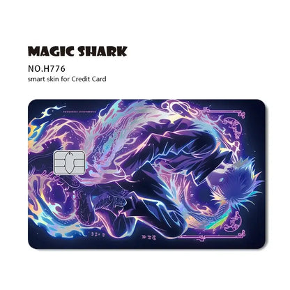 Jujutsu Kaisen Yuji Gojo card skin with vibrant neon purple and blue laser holographic anime art and glowing energy effects