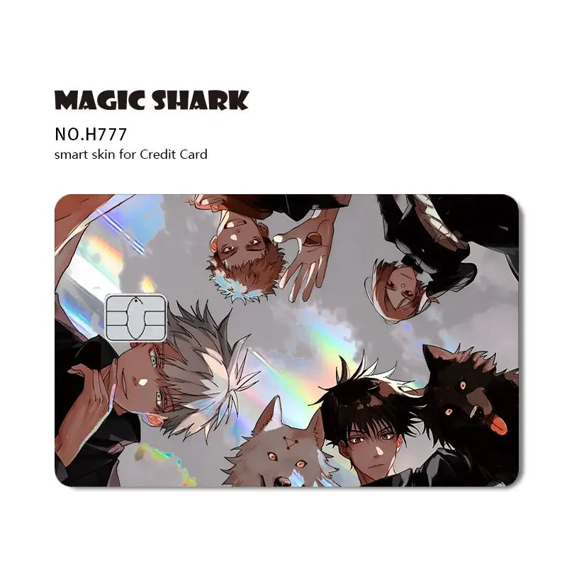 Magic shark no.h777 jujutsu kaisen card skin with laser holographic anime illustration and wolves on rainbow backdrop