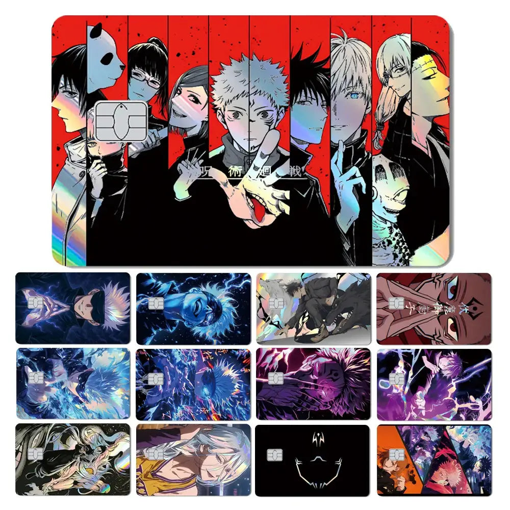 Red and black jujutsu kaisen card skin featuring yuji and gojo with laser holographic finish for credit card protection