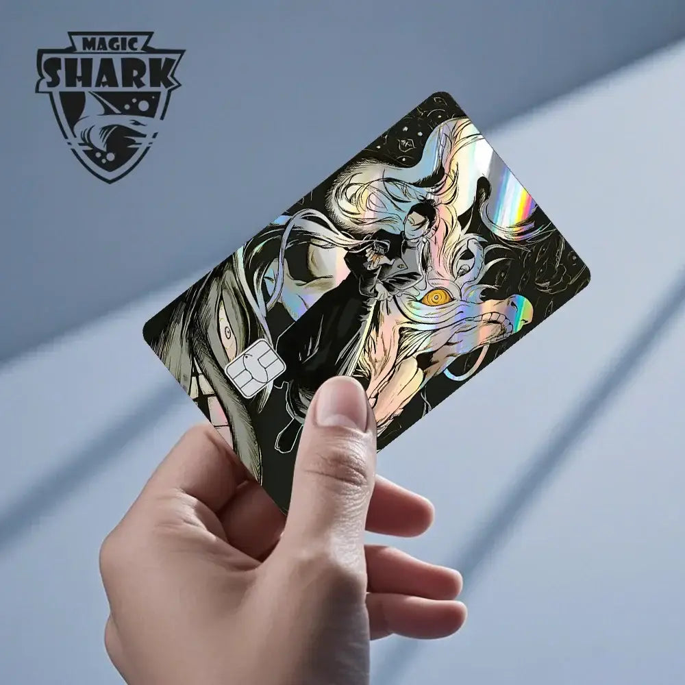 A sleek black magic shark credit card with a laser holographic jujutsu kaisen yuji gojo card skin design