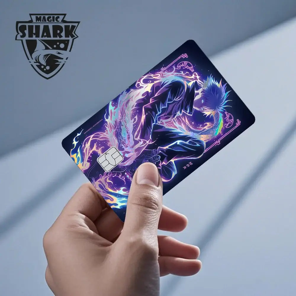 A vibrant jujutsu kaisen card skin featuring laser holographic neon purple and blue anime character energy effects
