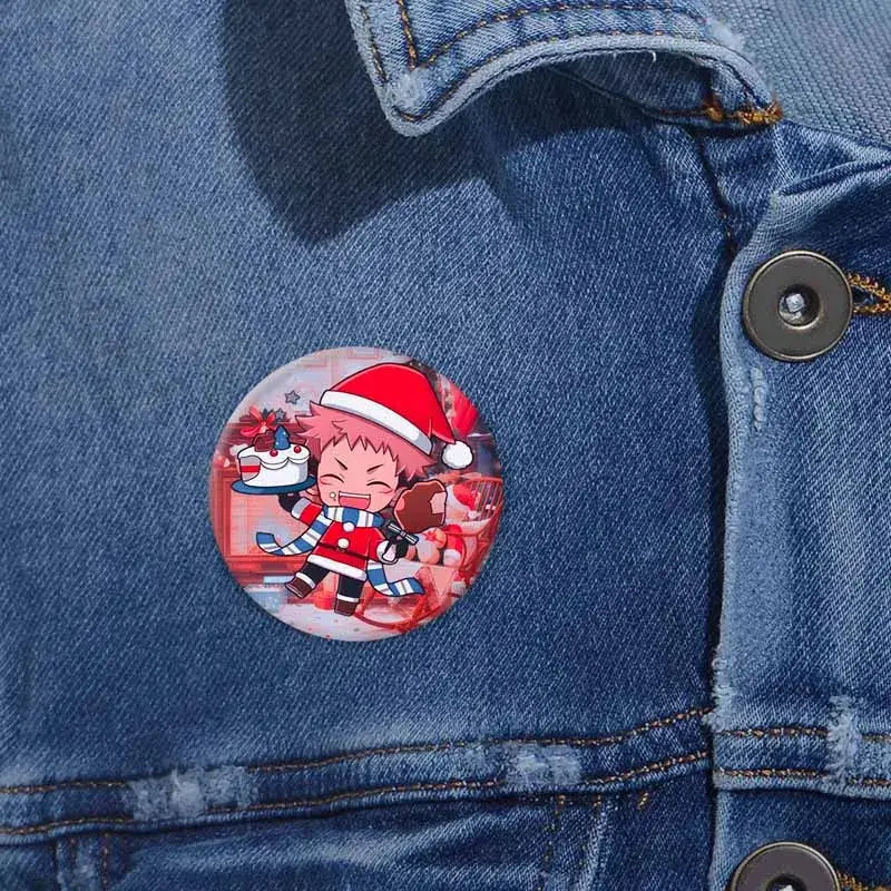 Circular red and white yuji itadori enamel pin featuring a cartoon character in a santa hat holding a cake