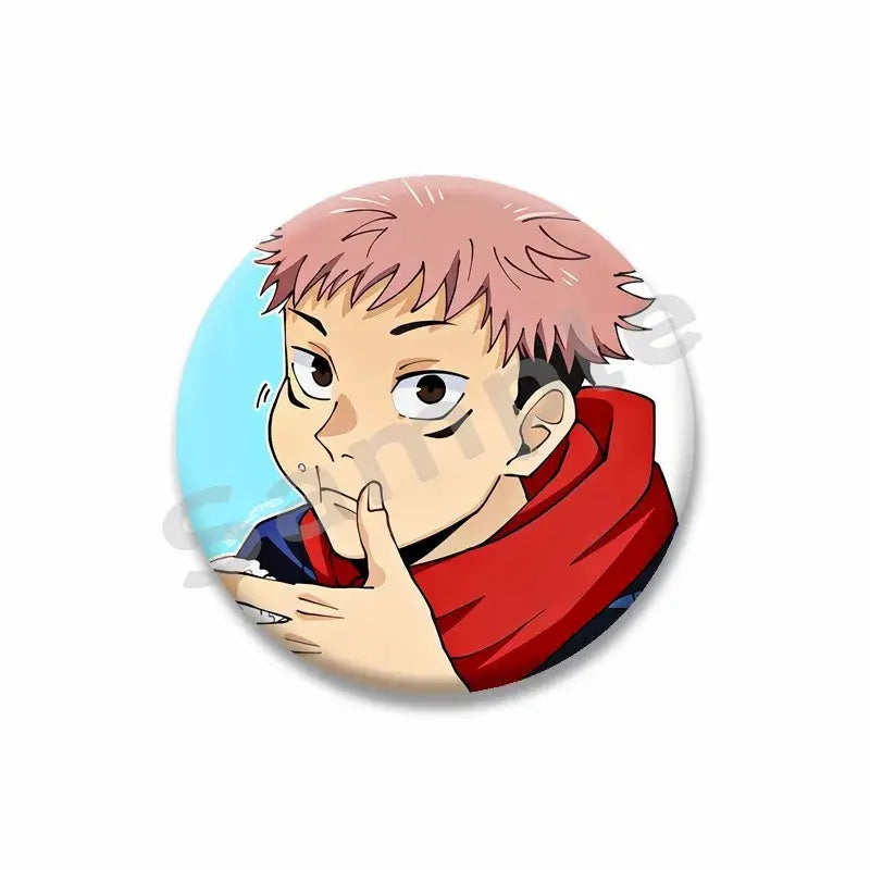 Circular tinplate snap-in brooch featuring a stylized yuji itadori enamel pin with pink hair and red scarf