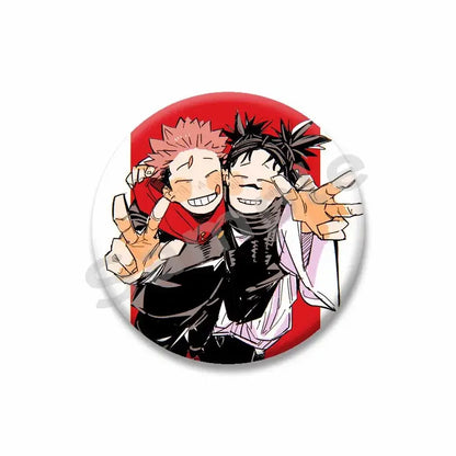 Circular yuji itadori enamel pin featuring two smiling anime characters in red and dark outfits on tinplate brooch