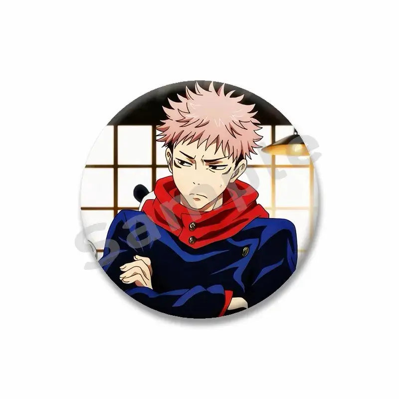 Circular yuji itadori enamel pin featuring spiky pink hair character in navy jacket and red scarf tinplate brooch