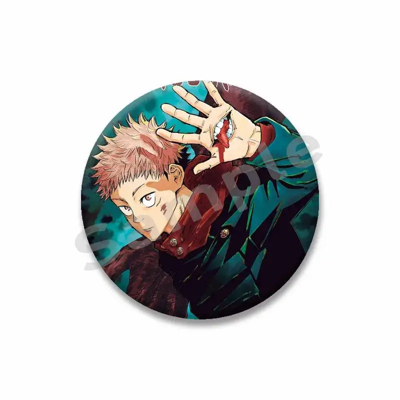 Circular yuji itadori enamel pin featuring anime character with spiky pink hair and blood dripping from hand