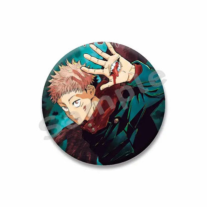 Circular yuji itadori enamel pin featuring anime character with spiky pink hair and blood dripping from hand
