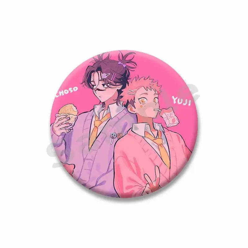 Pink circular yuji itadori enamel pin featuring choso and yuji in school uniforms on vibrant pink background